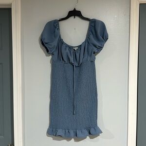 Womens Large Smocked Ruffle Hem Puff Sleeve Bodycon Blue Boho